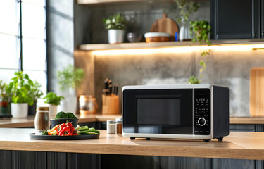 a modern white and black microwave in a house kitchen on the kitchen table. image used for an ad