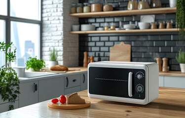 a modern white and black microwave in a house kitchen on the kitchen table. image used for an ad - obrazy, fototapety, plakaty