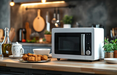a modern white and black microwave in a house kitchen on the kitchen table. image used for an ad