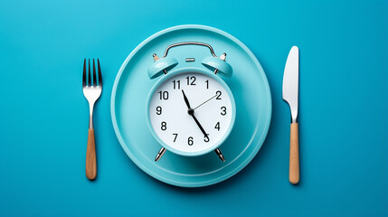 time to eat. plate with cutlery as clock on blue background - obrazy, fototapety, plakaty