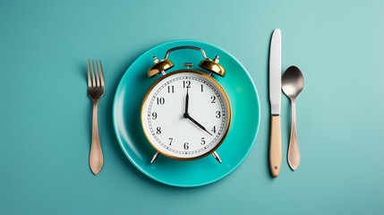 time to eat. plate with cutlery as clock on turquoise background - obrazy, fototapety, plakaty