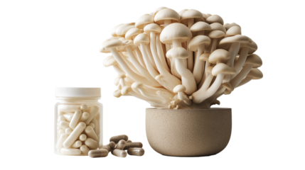 supplement pill bottle next to fungi mushrooms