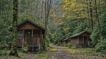 Rustic cabins line a forest path in autumn.