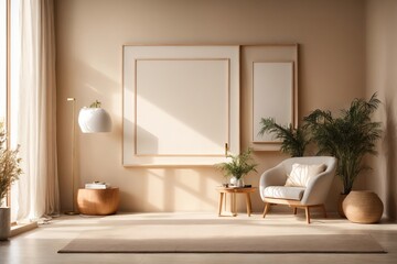 Captivating sunlight, shadows, and organic décor in an empty frame suspended from the wall in a contemporary beige room