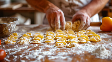 Making homemade pasta on wooden table.