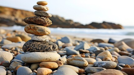Fototapeta na wymiar Balanced Pebbles on Beachfront with Copy Space