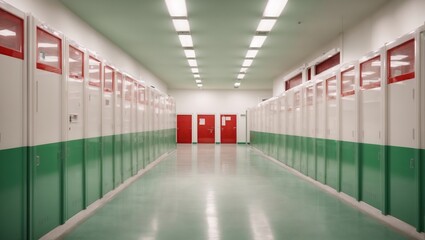 Long school corridor with white, red, green lockers