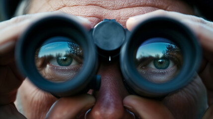 Eyes looking through binoculars close up view. - obrazy, fototapety, plakaty