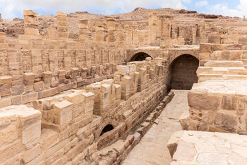 Remains of the buildings in the Roman part in the Nabatean Kingdom of Petra in the Wadi Musa city in Jordan