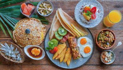 Top view of exotic breakfast with fried egg, bacon, pancakes and nuts