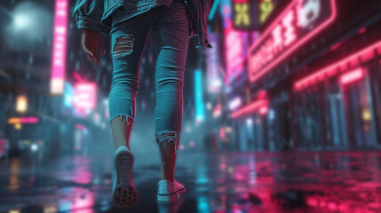 A model in a faded denim jacket and ripped jeans, walking down a neon-lit city street. 