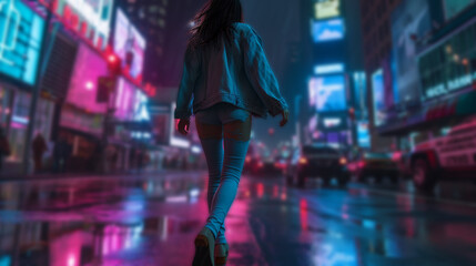 A model in a faded denim jacket and ripped jeans, walking down a neon-lit city street. 