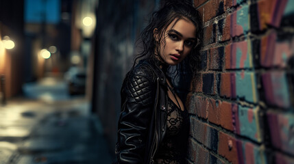 Obraz premium A slightly off-center shot capturing the model's confident stance and the interplay of textures in their outfit.