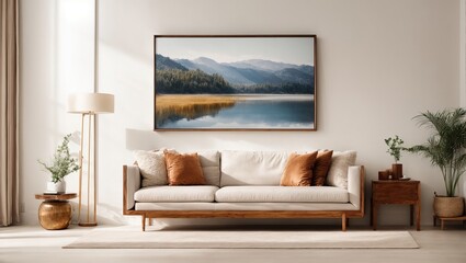 wooden cabinet and a painting in an empty living room interior with white walls and copy space place for a sofa
