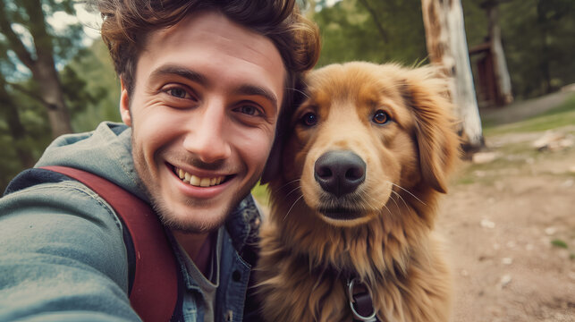 An attractive man and his dog take a selfie photo.