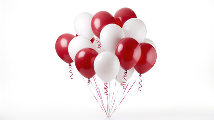 A cheerful bunch of red and white balloons with elegant curly ribbons floating against a clean white background.