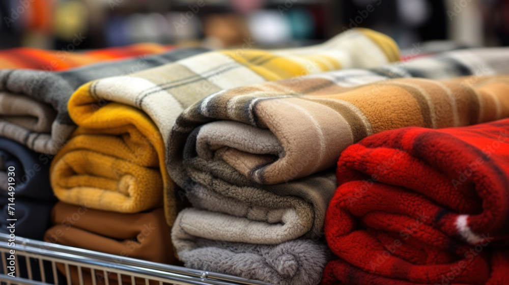 Poster stacks of warm fleece blankets in a variety of colors on display at a retail store, offering cozy ho