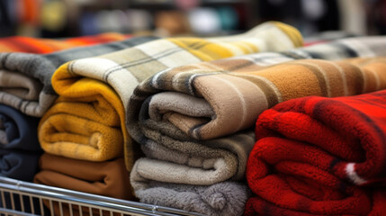 Stacks of warm fleece blankets in a variety of colors on display at a retail store, offering cozy home textiles. - obrazy, fototapety, plakaty