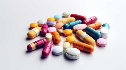 Various colorful pills and capsules displayed, representing pharmaceutical medication and healthcare.