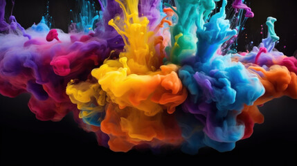 Fototapeta premium A vibrant explosion of multicolored ink diffusing through water, creating an abstract and dynamic visual effect.