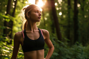 young slim woman in sport clothes, nature background