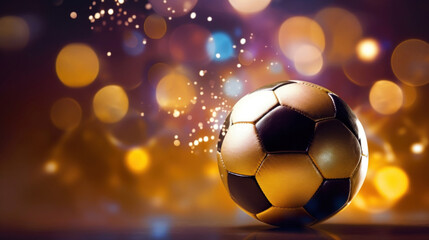 A classic soccer ball with golden panels, under the glow of shimmering lights, ready for an evening...