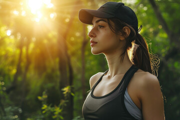 young slim woman in sport clothes, nature background - obrazy, fototapety, plakaty
