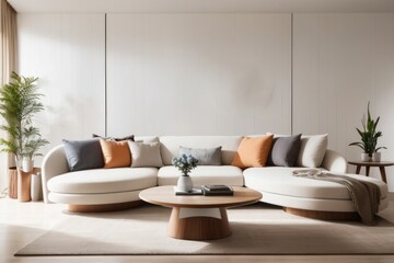 Interior home design of modern living room with curved beige sofa and round table against white wall