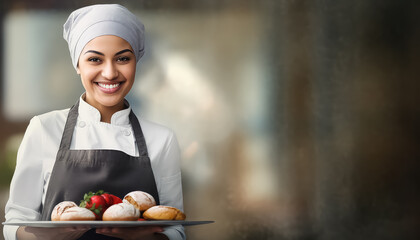 Female muslim baker in bakery with buns - obrazy, fototapety, plakaty