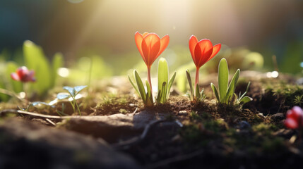 Vibrant orange crocuses emerging from the earth, bathed in the warm glow of the morning sun, signaling the start of spring. - obrazy, fototapety, plakaty