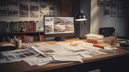 editorial designer desk with publication layout