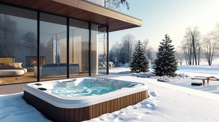 A modern outdoor hot tub embedded into the terrace on a cold winter's day.