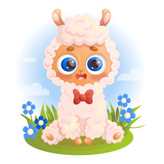 Happy baby Llama. Cute alpaca sitting animal in clearing with flowers. Vector illustration in cartoon style