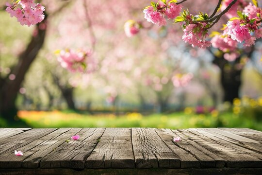 Empty wooden table in Sakura flower Park with garden bokeh background with a country outdoor theme, Template mock up for display of product