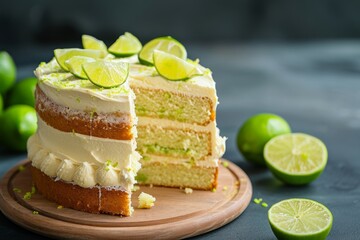 Obraz na płótnie Canvas Delicious lime cake with fresh lime slices and limes.