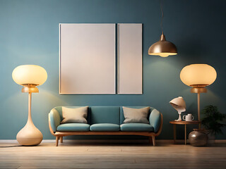 Living room interior with mock up poster frame, blue sofa .Mockup frame close up in loft interior background, 3d render