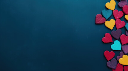 A corner of colorful wooden hearts on a deep blue surface, symbolizing love, diversity, and togetherness.
