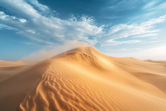 Desert landscape with sand being shaped into sharp dunes by the wind.