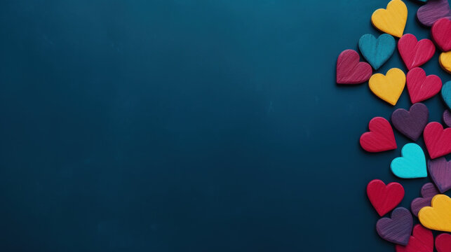 A corner of colorful wooden hearts on a deep blue surface, symbolizing love, diversity, and togetherness.