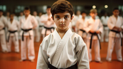 Fototapeta premium Focused young karate student wearing a white uniform and black belt stands confidently during a class.