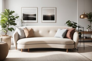 Scandinavian Interior home design of modern living room with curved beige sofa chairs and green ornamental plants