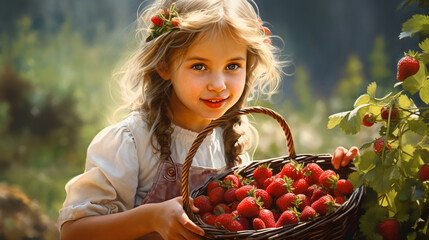 little girl picking strawberries,generate ai