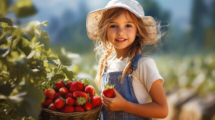 little girl picking strawberries,generate ai
