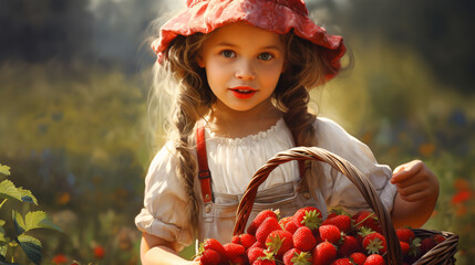 little girl picking strawberries,generate ai