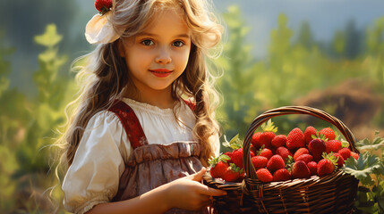 little girl picking strawberries,generate ai