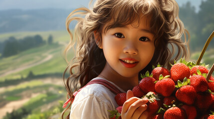 little girl picking strawberries,generate ai