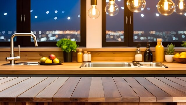 Wooden desk of blurred kitchen background. and free space for decoration.