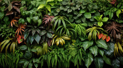 A full frame of lush greenery, featuring an assortment of tropical plants with varying leaf patterns and colors.