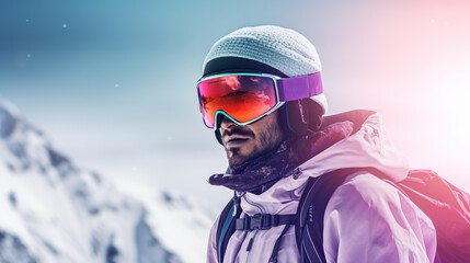 Fototapeta na wymiar Close-Up Portrait of a Male Skier Wearing Goggles in a Snowy Mountain Range During Winter