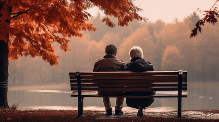 A senior couple sits together on a bench, enjoying a serene view of a lake surrounded by autumnal trees, reflecting tranquility.